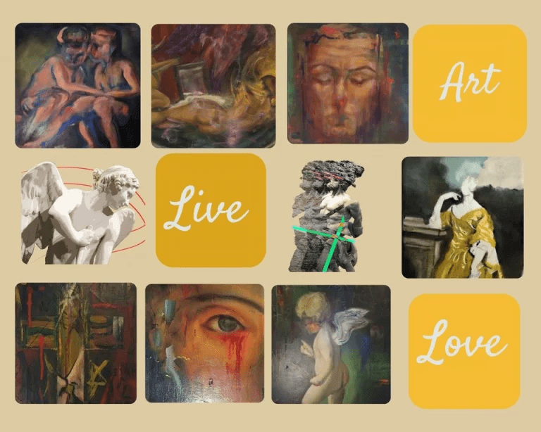  Un collage organizado en una cuadrícula sobre un fondo beige. Contiene nueve recuadros con fragmentos de pinturas y esculturas de estilo clásico y barroco, que muestran rostros expresivos, ángeles y figuras humanas en claroscuro. Se intercalan tres cuadros de color amarillo brillante con las palabras "Art", "Live" y "Love" escritas en tipografía cursiva blanca.