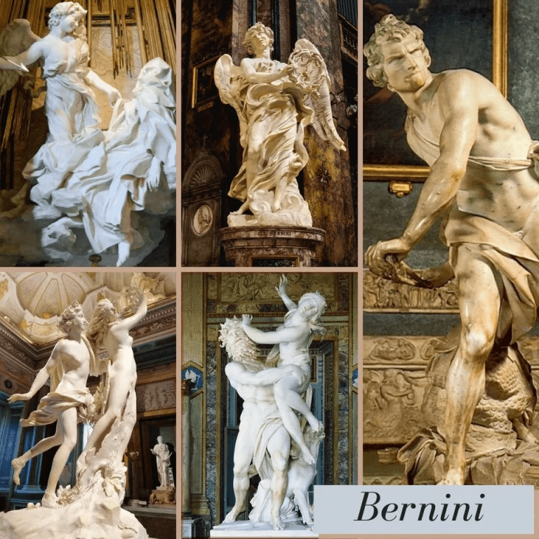 Collage de seis fotografías que muestran famosas esculturas de mármol de Gian Lorenzo Bernini. Incluye "El Éxtasis de Santa Teresa" con su característica expresión mística; "Habacuc y el ángel"; el dinámico "David" en el momento de lanzar la piedra; "Apolo y Dafne" capturando la transformación de la mujer en árbol; y "El Rapto de Proserpina" destacando el realismo de las manos sobre la piel. En la esquina inferior derecha aparece el nombre "Bernini" en una tipografía elegante.