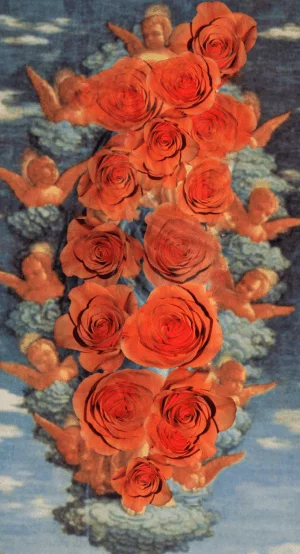 Composición artística que muestra un fondo de ángeles y nubes de estilo clásico, cubiertos por una serie de rosas rojas en primer plano que crean una textura visual dinámica.