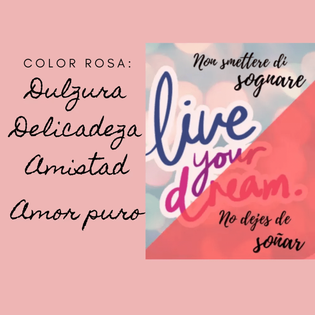 Infografía sobre el color rosa con las palabras Dulzura, Delicadeza, Amistad y Amor puro, acompañada de un diseño gráfico con la frase "Live your dream" (Vive tu sueño).