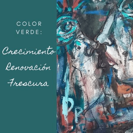 Infografía sobre el color verde que destaca los conceptos de Crecimiento, Renovación y Frescura, acompañada de una pintura expresionista en tonos verdosos y azulados.