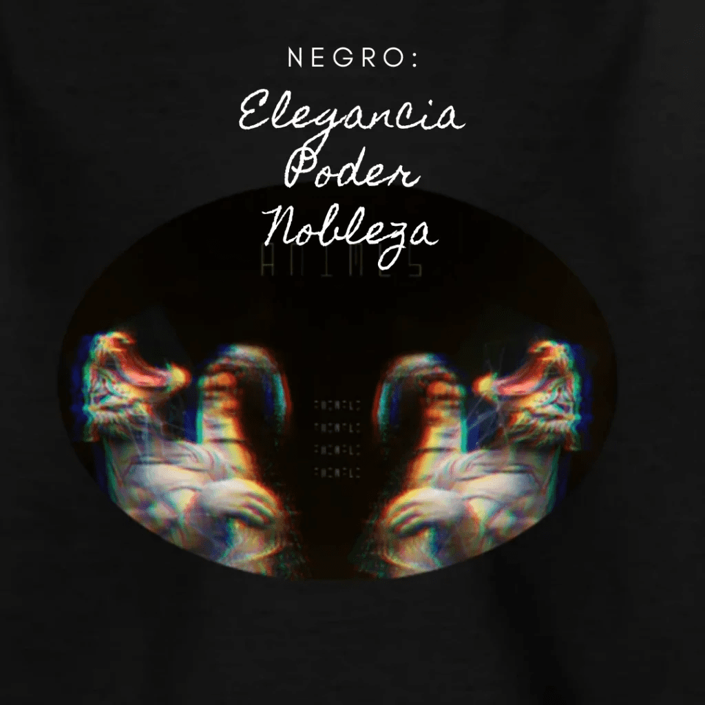 Infografía sobre el color negro que destaca los términos Elegancia, Poder y Nobleza, con una ilustración central de figuras escultóricas en un entorno oscuro