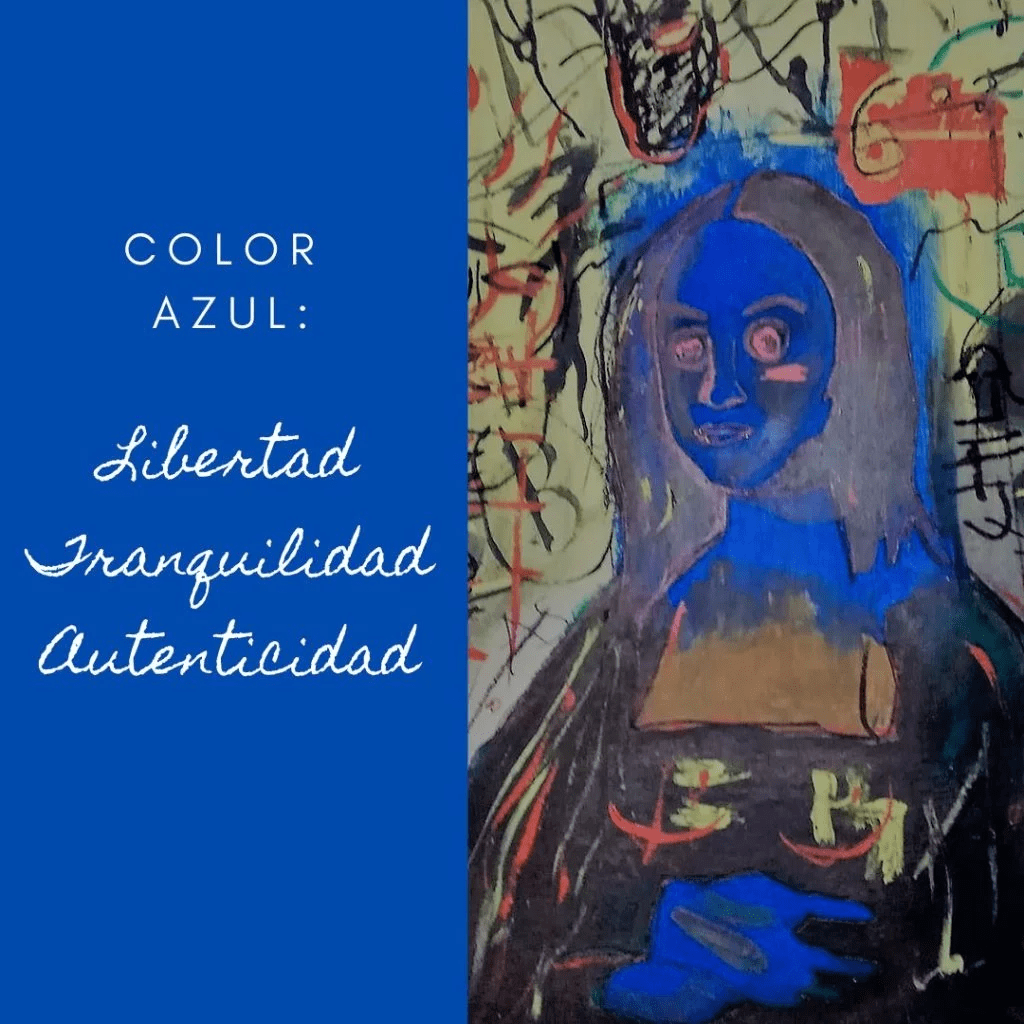 Infografía sobre el color azul que destaca los conceptos de Libertad, Tranquilidad y Autenticidad, ilustrada con una interpretación expresionista de un retrato femenino en tonos azules.