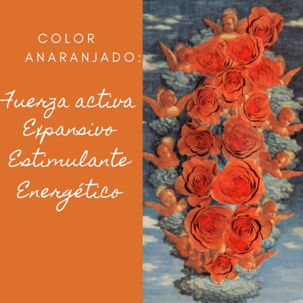 Infografía sobre el color anaranjado que destaca los conceptos de Fuerza activa, Expansivo, Estimulante y Energético, decorada con rosas naranjas y figuras aladas.