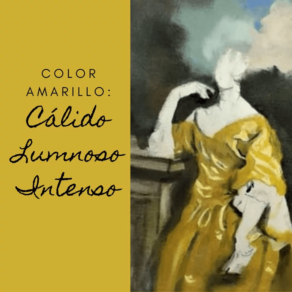 Infografía sobre el color amarillo que destaca los conceptos de Cálido, Luminoso e Intenso, acompañada de una pintura impresionista de una mujer con vestido amarillo.