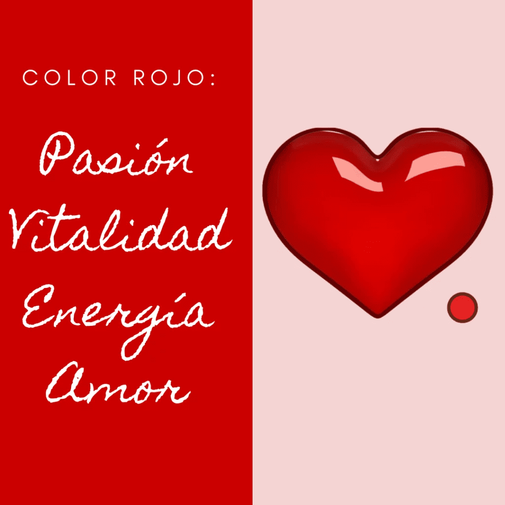 Infografía sobre el color rojo con un icono de corazón, destacando los conceptos de Pasión, Vitalidad, Energía y Amor.