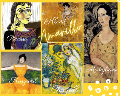 Collage sobre el color amarillo en el arte, mostrando obras de Klimt, Picasso, Modigliani, Chagall y Kurzweil que destacan por el uso de tonos dorados y luminosos.