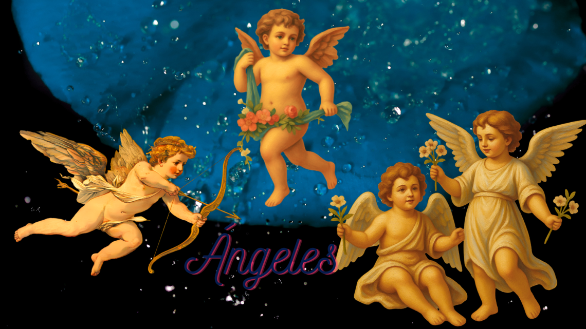 Composición artística que muestra cuatro figuras de ángeles infantiles (querubines) sobre un fondo azul profundo con gotas de agua cristalinas. A la izquierda, un Cupido con arco y flecha; en el centro, un ángel sosteniendo una guirnalda de flores; a la derecha, dos ángeles, uno sentado y otro de pie, portando flores blancas. En la parte inferior central, aparece la palabra "Ángeles" escrita en una elegante tipografía cursiva de color púrpura y azul.
