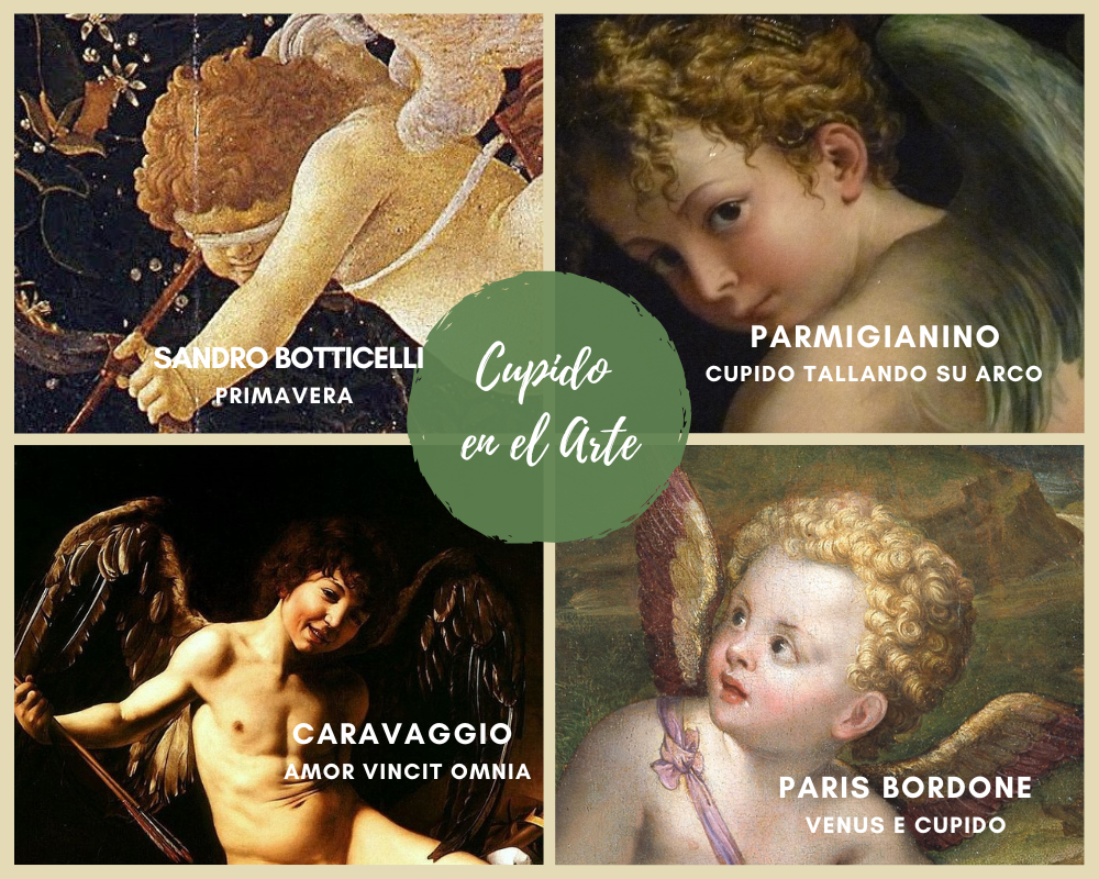 Collage titulado "Cupido en el Arte" con cuatro obras famosas: "Primavera" de Botticelli, "Cupido tallando su arco" de Parmigianino, "Amor Vincit Omnia" de Caravaggio y "Venus y Cupido" de Paris Bordone