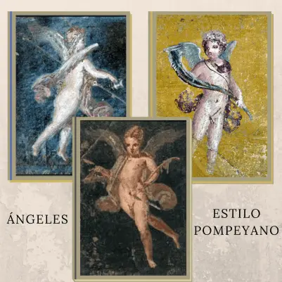 Composición de tres frescos de ángeles en estilo pompeyano sobre fondos azul oscuro, negro y dorado ocre, con la leyenda "Ángeles - Estilo Pompeyano".