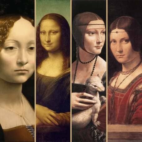 Collage de cuatro retratos femeninos icónicos de Leonardo da Vinci: Ginevra de' Benci, La Mona Lisa (La Gioconda), La dama del armiño y La belle ferronnière. Sus obras, su genio y su legado.