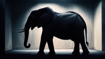 Texto Alt (Alt Text): La silueta oscura y masiva de un elefante de perfil, iluminada desde atrás por una luz tenue en una habitación minimalista y grisácea. La imagen captura la inmensidad del animal, del cual solo se distinguen claramente los contornos de su trompa, colmillos, grandes orejas y patas robustas, creando una atmósfera de misterio y descubrimiento.