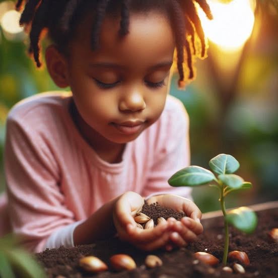Una niña pequeña con expresión serena y concentrada sostiene entre sus manos un puñado de tierra y semillas. A su lado, brota de la tierra una planta joven con hojas verdes brillantes, iluminada por una luz cálida de atardecer que simboliza la esperanza y el cuidado.