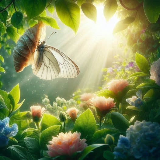 Una mariposa blanca de alas delicadas acaba de emerger de su capullo, el cual cuelga de una rama rodeada de hojas verdes vibrantes. La escena transcurre en un jardín mágico lleno de flores en tonos rosa y azul, bañado por rayos de luz solar intensa que atraviesan el follaje, creando una atmósfera de transformación y belleza natural.