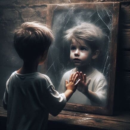Un niño pequeño está de espaldas, mirando fijamente hacia un espejo antiguo con marco de madera que tiene marcas de suciedad y grietas en su superficie. El reflejo del niño se ve a través del cristal empañado, con una expresión de curiosidad y melancolía mientras apoya sus manos sobre el vidrio. La escena tiene una iluminación dramática y tenue, con motas de polvo en el aire que refuerzan la atmósfera de introspección.