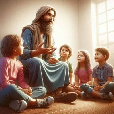  Ilustración de un hombre con barba larga y vestiduras tradicionales de estilo sufí (túnica azul y turbante beige) sentado en el suelo. Está rodeado por cuatro niños que lo escuchan con atención y asombro en una habitación iluminada por la luz natural de una ventana. El maestro gesticula con las manos mientras narra una historia, creando una atmósfera de paz y sabiduría compartida.