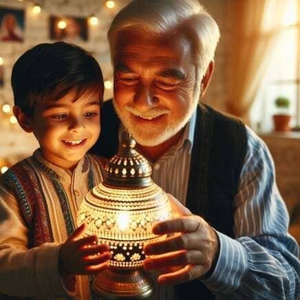 Un niño pequeño y su abuelo, de cabello y barba canosa, aparecen sonrientes y unidos mientras sostienen juntos una lámpara artesanal de estilo árabe finamente decorada. La lámpara emite una luz cálida y brillante que ilumina sus rostros en un ambiente acogedor, destacando los detalles geométricos del objeto y la expresión de complicidad y alegría entre ambos.