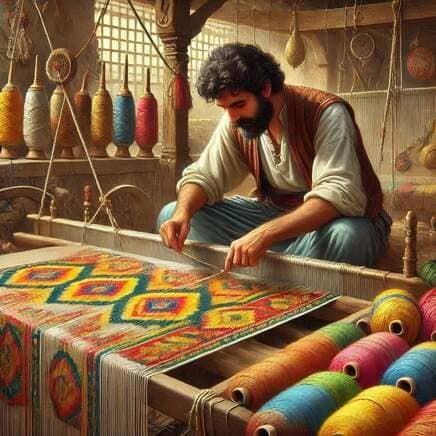 Un artesano tejedor de barba oscura y cabello rizado trabaja concentrado en un telar de madera tradicional dentro de un taller rústico. Delante de él, una alfombra a medio terminar muestra un patrón geométrico complejo con rombos de colores vibrantes: amarillo, naranja, azul y verde. En primer plano y al fondo, se observan numerosos carretes de hilo de lana en una amplia gama de colores, listos para ser integrados en el tejido.