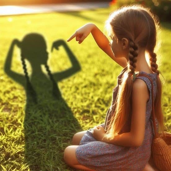 Una niña con trenzas largas está sentada de perfil sobre la hierba verde, iluminada por una luz solar cálida. Señala con su dedo hacia su propia sombra, la cual se proyecta de forma nítida sobre el césped delante de ella. La sombra imita la silueta de la niña con sus trenzas, creando un juego visual de luces y formas en un entorno natural.