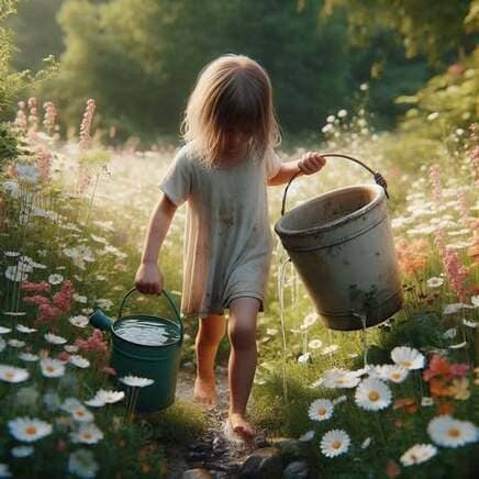 Una niña camina descalza por un sendero rodeado de margaritas blancas y flores silvestres en un campo iluminado por el sol. Lleva dos recipientes: en su mano derecha sostiene una regadera verde llena de agua y en su mano izquierda una vasija de madera colgada de un asa. La vasija de madera tiene pequeñas grietas por las que se escapa el agua, regando suavemente las flores a su paso mientras la niña avanza con serenidad.