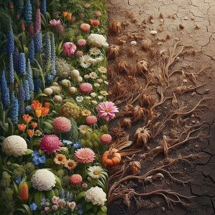 Una imagen dividida verticalmente que muestra un contraste drástico entre dos paisajes. El lado izquierdo está repleto de un jardín exuberante con flores vibrantes en tonos rosa, azul, naranja y blanco, rodeadas de hojas verdes y saludables. El lado derecho muestra un terreno árido y agrietado, con plantas marchitas, ramas secas y una atmósfera desolada que simboliza la falta de cuidado.