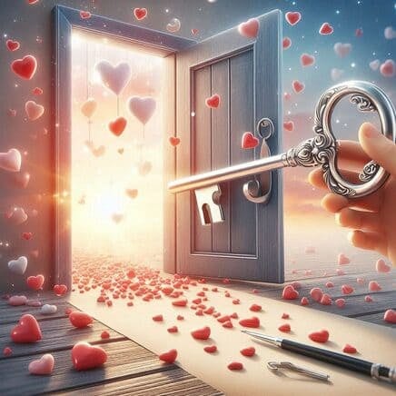Una mano sostiene una llave antigua de plata con diseños intrincados frente a una puerta de madera entreabierta. De la puerta emana una luz cálida y brillante, y el ambiente está lleno de corazones flotantes de color rojo y rosa que caen como pétalos sobre un camino iluminado. La escena evoca un mundo de fantasía, bondad y nuevas oportunidades.