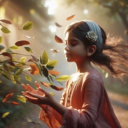 Texto Alt (Alt Text): Una niña de cabello oscuro con una diadema adornada con una flor cierra los ojos con serenidad en un bosque iluminado por una luz dorada. Mantiene sus manos abiertas hacia adelante mientras hojas de otoño en tonos verdes, amarillos y rojos flotan y caen suavemente a su alrededor, mecidas por una brisa invisible. La atmósfera es mágica y tranquila, capturando el momento en que la niña siente el viento en su rostro.