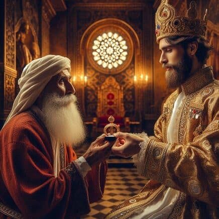 En el interior de un palacio ornamentado con una gran ventana circular de estilo rosetón al fondo, un sabio anciano con una larga barba blanca y túnica roja entrega un pequeño anillo a un rey joven. El rey, vestido con una túnica dorada bordada y una corona majestuosa, recibe el objeto con ambas manos y una expresión de reflexión. La luz cálida resalta la solemnidad del encuentro y los detalles arquitectónicos del trono detrás de ellos.