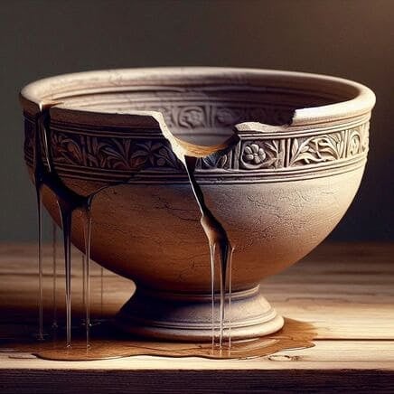 Un cuenco de cerámica antigua y ornamentada con motivos florales se encuentra sobre una mesa de madera. El cuenco tiene grandes grietas y aberturas por donde se escapa agua, que gotea hacia la superficie de la mesa, formando un pequeño charco. La imagen resalta la imposibilidad de contener el líquido debido a los daños en la estructura del recipiente.