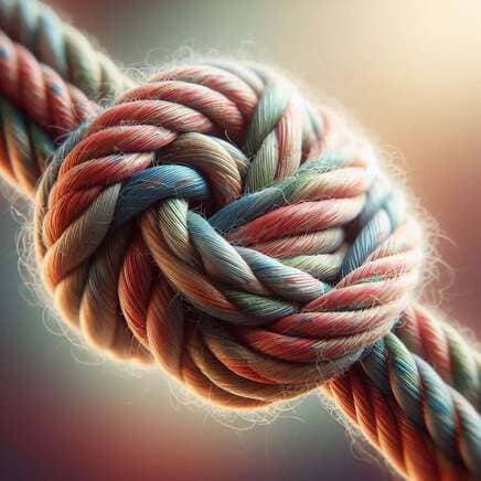 Un primer plano detallado de un nudo complejo y firme hecho con una cuerda de fibras naturales entrelazadas. La cuerda está compuesta por múltiples hilos de colores suaves y variados, incluyendo tonos rojizos, azulados, verdes y beige, que se mezclan armónicamente en el trenzado. La iluminación es cálida y resalta la textura rugosa y los pequeños filamentos sueltos de la fibra, transmitiendo una sensación de resistencia pero a la vez de flexibilidad.