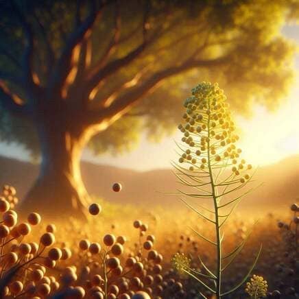 Un paisaje natural bañado por la luz dorada de un atardecer, donde en primer plano se observa una planta delgada y verde con pequeñas semillas redondas en sus ramas. Al fondo, la silueta imponente de un árbol robusto y antiguo se alza contra el cielo luminoso, mientras pequeñas semillas parecen flotar en el aire, simbolizando el ciclo de la vida y el potencial de crecimiento.