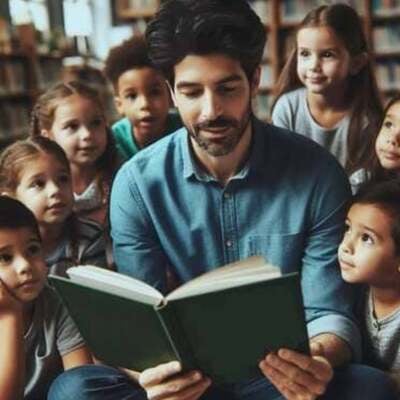 Un joven adulto y un niño pequeño leyendo juntos un libro de cuentos en un ambiente cálido y acogedor.