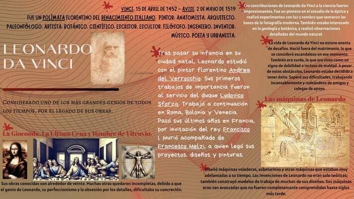 Infografía de Leonardo Da Vinci que detalla su vida como genio polímata, mostrando sus obras más famosas como La Gioconda y El Hombre de Vitruvio, y explicando su legado en la ciencia y la ingeniería.