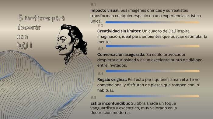 Infografía titulada "5 motivos para decorar con DALI" sobre fondo elegante. Presenta una ilustración del artista y cinco puntos: impacto visual, creatividad sin límites, conversación asegurada, regalo original y estilo inconfundible.