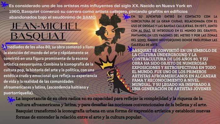 nfografía biográfica de Jean-Michel Basquiat con fondo abstracto, incluyendo su icónica corona, el dinosaurio y texto sobre su origen en Nueva York, su estilo neoexpresionista y su legado como símbolo de la contracultura.