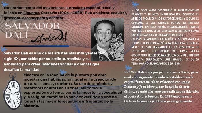 Infografía biográfica de Salvador Dalí con su icónico retrato junto a un ocelote, un reloj blando derretido y texto sobre su trayectoria en el movimiento surrealista, su relación con Lorca y Buñuel, y su éxito en París.