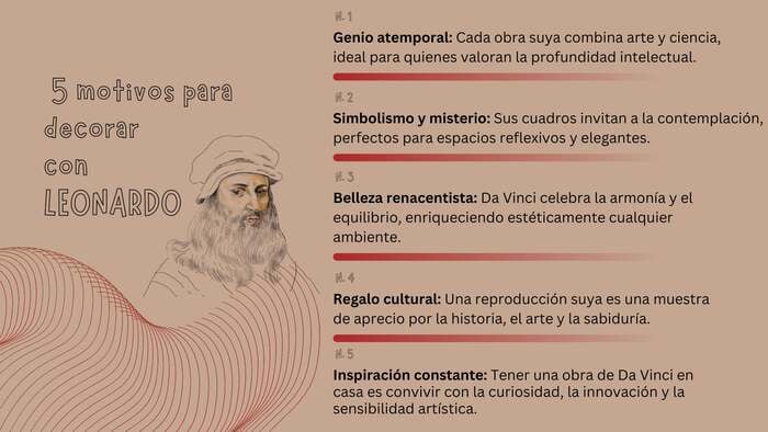 5 motivos para decorar con LEONARDO", que incluye una ilustración del artista y una lista de razones como simbolismo, belleza renacentista e inspiración constante, su genio y su legado.