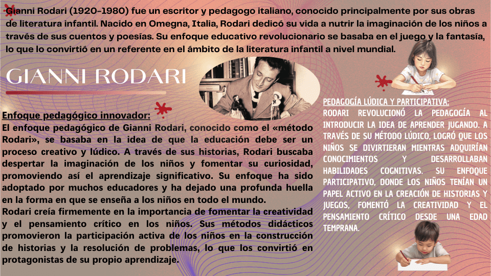 Infografía detallada sobre Gianni Rodari que incluye su biografía, su enfoque pedagógico innovador y los principios de su pedagogía lúdica y participativa.