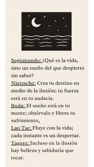 Una composición visual dividida en dos partes. En la parte superior, un recuadro negro muestra un mar con ondas blancas bajo un cielo nocturno con una luna creciente y estrellas. En la parte inferior, sobre un fondo crema, aparece un diálogo escrito entre Segismundo, Tagore y Rilke sobre la naturaleza del dolor y el crecimiento espiritual.