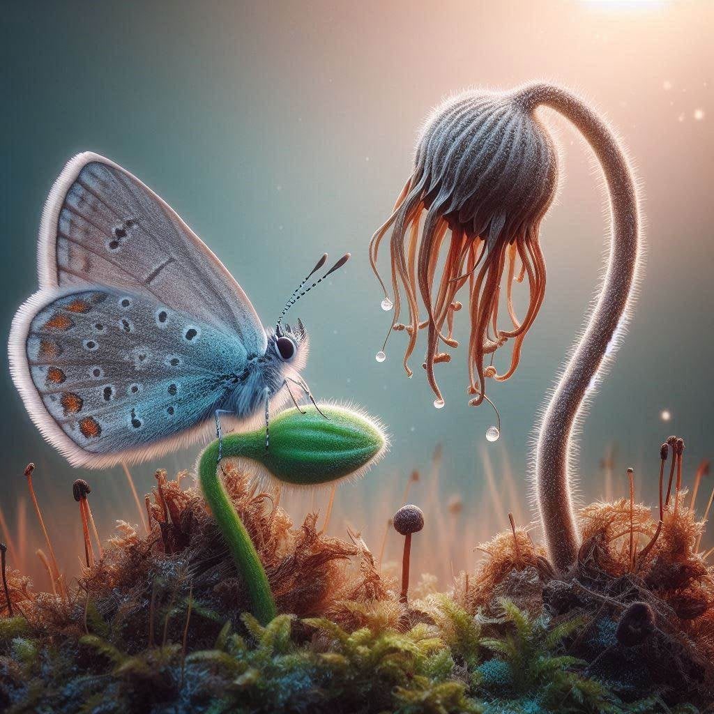 Texto Alt (Alt Text): Una mariposa de color azul suave con delicados patrones de puntos naranjas se posa sobre el tallo verde de un pequeño capullo de flor. A su lado, una flor marchita de pétalos largos y caídos, cubierta de pequeñas gotas de rocío, se curva hacia el suelo sobre un lecho de musgo y vegetación pequeña. La luz suave del entorno resalta la transición entre la flor que termina su ciclo y la vida nueva que emerge.