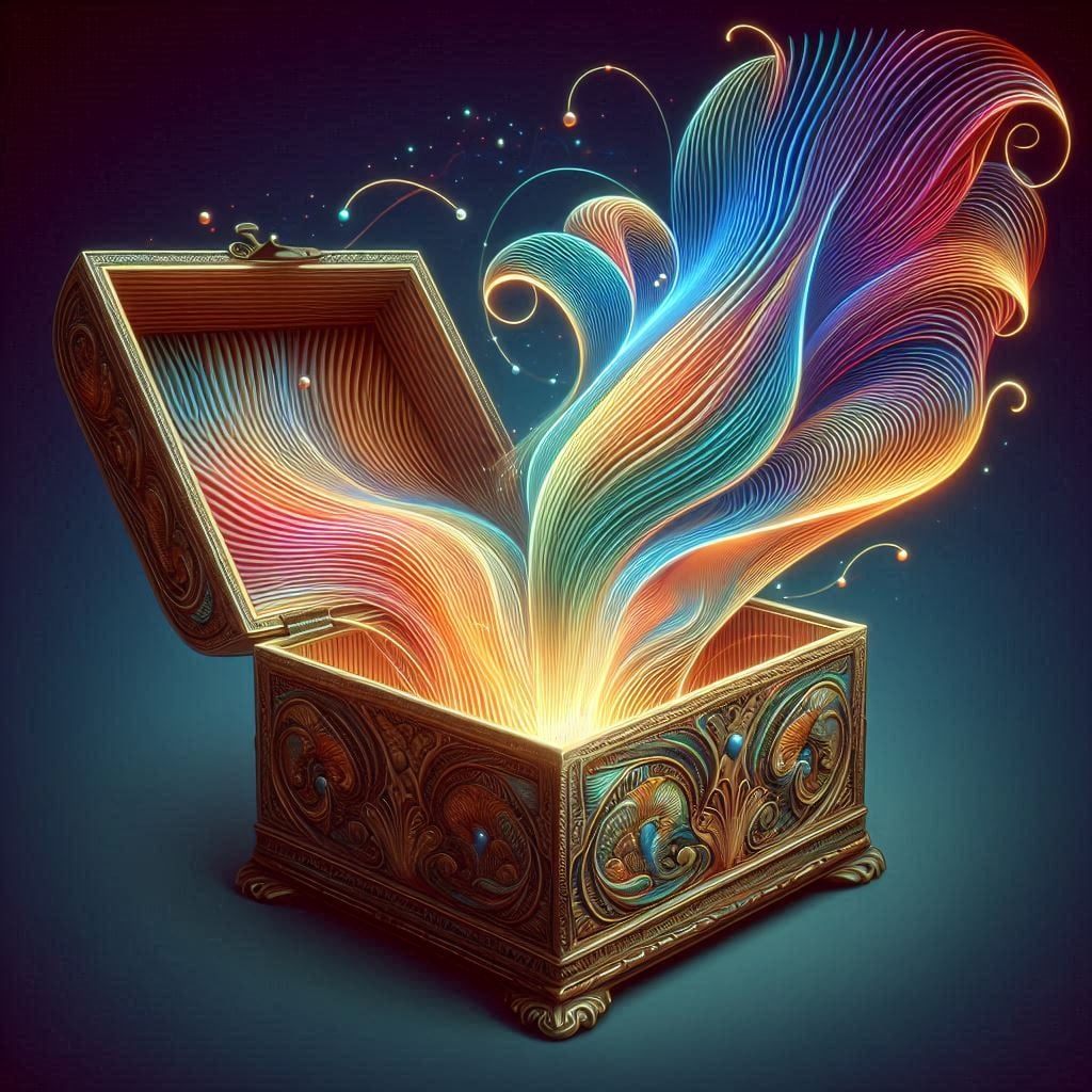 Una caja de madera antigua y ricamente tallada con relieves ornamentales se encuentra abierta sobre un fondo azul oscuro. Del interior de la caja emana una luz brillante y dorada de la que surgen estelas de colores vibrantes —azul, naranja, magenta y cian— que fluyen hacia arriba como cintas de seda o vapor mágico, llenando el aire de destellos y pequeñas partículas luminosas. La imagen evoca una sensación de maravilla y la liberación de una esencia preciosa y duradera.