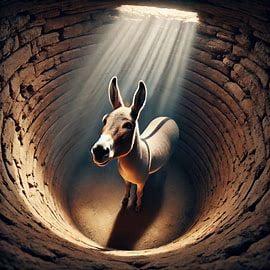 Texto Alt (Alt Text): Un burro de pelaje gris y blanco se encuentra en el fondo de un pozo profundo de paredes circulares hechas de piedra. Una luz brillante y celestial desciende desde la apertura superior del pozo, iluminando directamente al animal en el centro. La escena captura el momento de esperanza y determinación del burro frente a la adversidad.