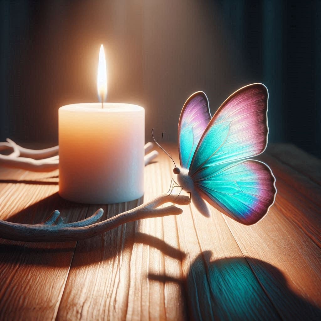 Una mariposa de colores vibrantes cian, púrpura y magenta se posa delicadamente sobre una rama seca de madera clara en una superficie de madera. Junto a ella, una vela blanca encendida emite una llama suave y cálida que proyecta una sombra alargada de la mariposa sobre la mesa. La luz de la vela crea un ambiente íntimo y sereno, resaltando los detalles de las alas de la mariposa y la textura de la madera.