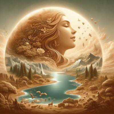Ilustración surrealista de estilo sepia y tonos tierra que muestra el rostro de una mujer (Gaia) de perfil con los ojos cerrados en un gesto de paz. Su cabello se transforma en un denso bosque con flores y mariposas, que a su vez se convierte en un paisaje de montañas nevadas, cascadas y un lago cristalino. En el cielo flotan globos aerostáticos y aves, mientras que en la tierra se ven diversos animales y una pequeña figura humana, simbolizando la unidad de toda la creación.