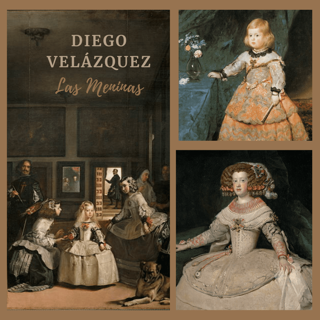 Collage artístico que muestra tres obras de Diego Velázquez relacionadas con "Las Meninas", incluyendo el cuadro principal a la izquierda y dos retratos individuales de la Infanta Margarita a la derecha.