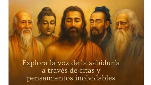 Ilustración de cinco figuras que representan la sabiduría clásica y espiritual, con el texto superpuesto: "Explora la voz de la sabiduría a través de citas y pensamientos inolvidables".