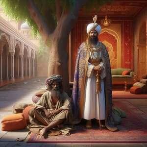 Un sultán con una túnica blanca larga, una capa púrpura y dorada ricamente decorada y un turbante con una joya, permanece de pie junto a un gran árbol en un patio de palacio. A sus pies, sentado sobre unas alfombras y cojines en el suelo, se encuentra un mendigo de barba canosa con vestiduras sencillas y un turbante humilde. La escena, de colores cálidos y arquitectura detallada con arcos al fondo, resalta el contraste entre la opulencia del gobernante y la calma del hombre humilde.
