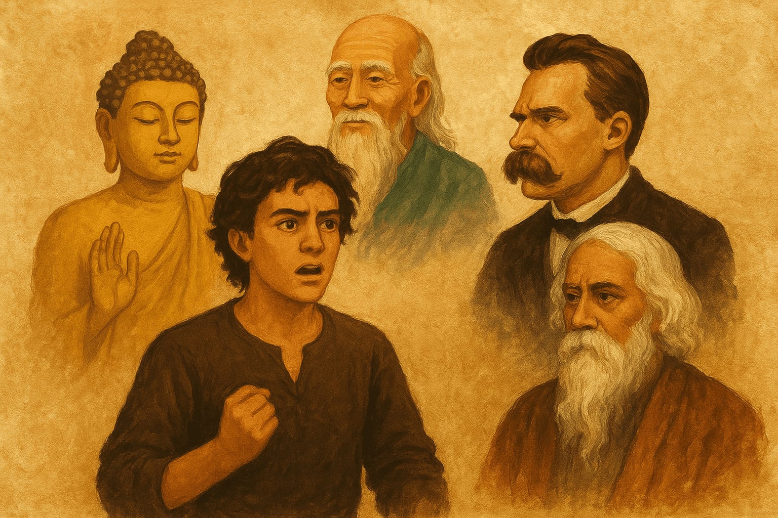  Una ilustración de estilo pictórico en tonos ocres que muestra a un joven, Segismundo, en el centro con expresión de asombro y una mano en el pecho. A su alrededor, emergen las figuras de Buda, Lao Tsé, Friedrich Nietzsche y Rabindranath Tagore, simbolizando un diálogo entre la literatura clásica española y la sabiduría universal.