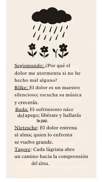 Una ilustración que presenta un diálogo escrito entre el personaje literario Segismundo y cuatro grandes pensadores de la historia: Rilke, Buda, Nietzsche y Tagore. El texto explora diferentes perspectivas sobre el origen y la utilidad del dolor en el desarrollo del ser humano.