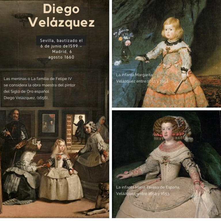 Collage sobre el pintor Diego Velázquez que incluye su obra maestra "Las Meninas" y retratos de la Infanta Margarita y la Infanta María Teresa de España